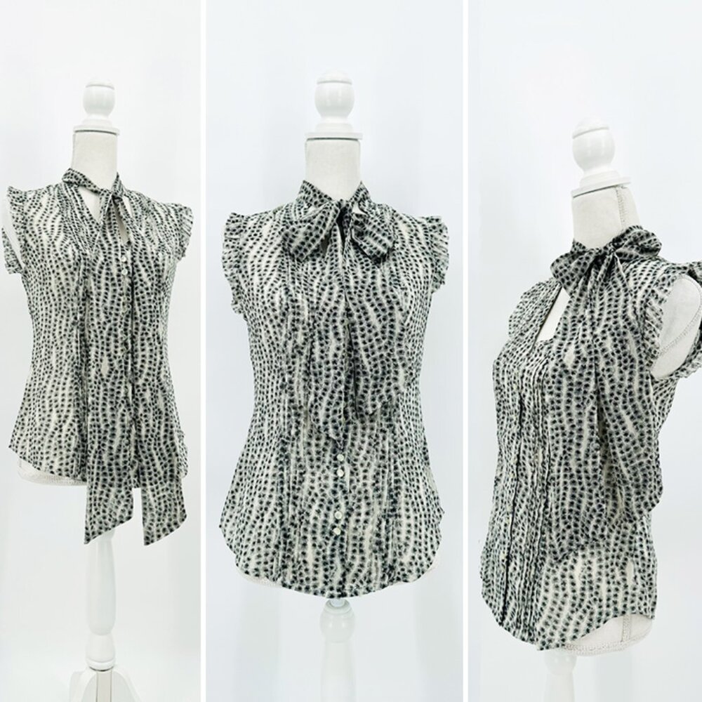 GUESS Sheer Paisley Tuxedo Pleated Ruffle Cap Sleeve Neck-tie Button Down Shirt